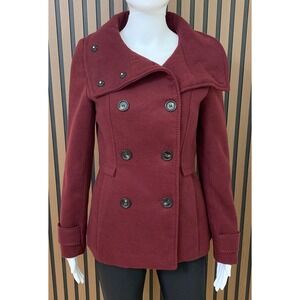 HM Women's Burgundy Double Breasted Pea Coat Jacket‎ Size 4 Burgundy Maroon